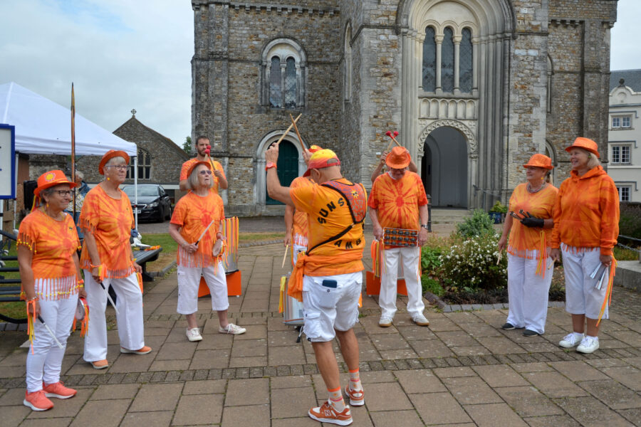 Sunshine Samba performing outside St Paul's Church on Honiton Market Charter Day 2025